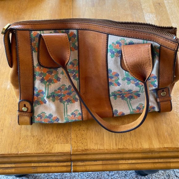 Fossil Vintage Reissue Leather & Canvas Linen Embroidered Handbag - Picture 3 of 3